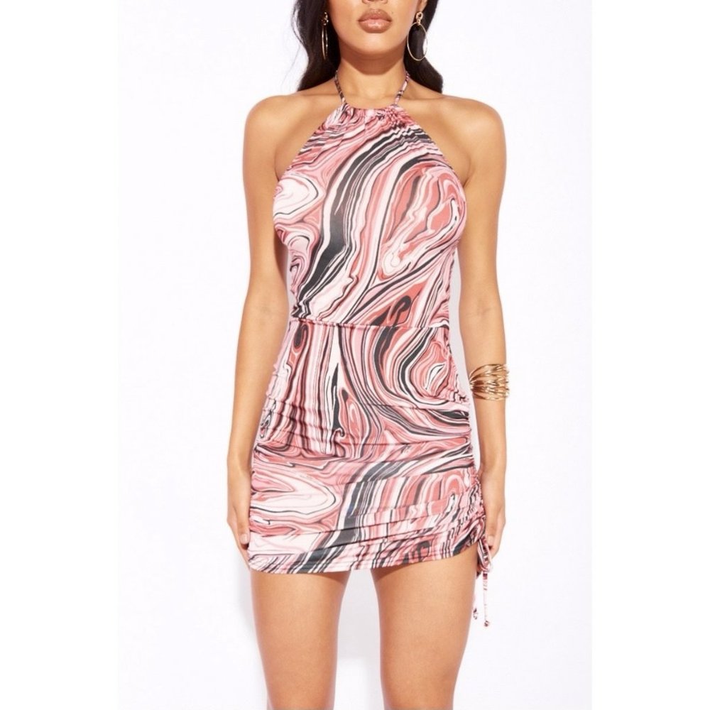 Marble Print Sleeveless Halter Neck Open Back Ruched Bodycon Mini Dress - Picture 5 of 12